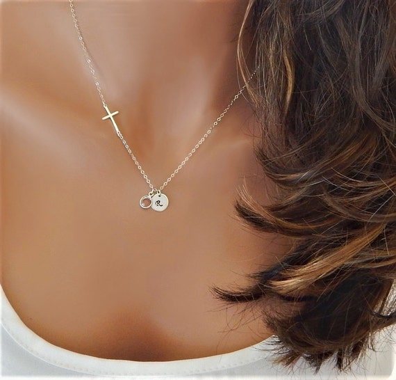 Sideways small cross and heart necklace in Sterling Silver, 10K gold, 14K  gold or 18K gold for woman.