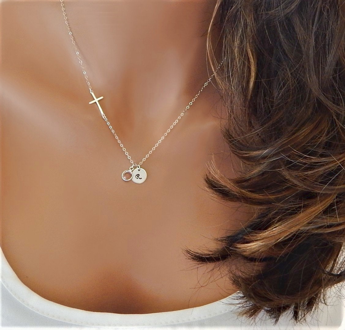 Sideways cross necklace with initial deals