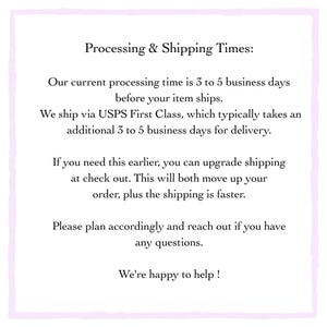 May include: A white rectangular sign with a light purple border. The text reads "Processing & Shipping Times:" followed by details about processing and shipping via USPS First Class. It also mentions upgrading shipping.