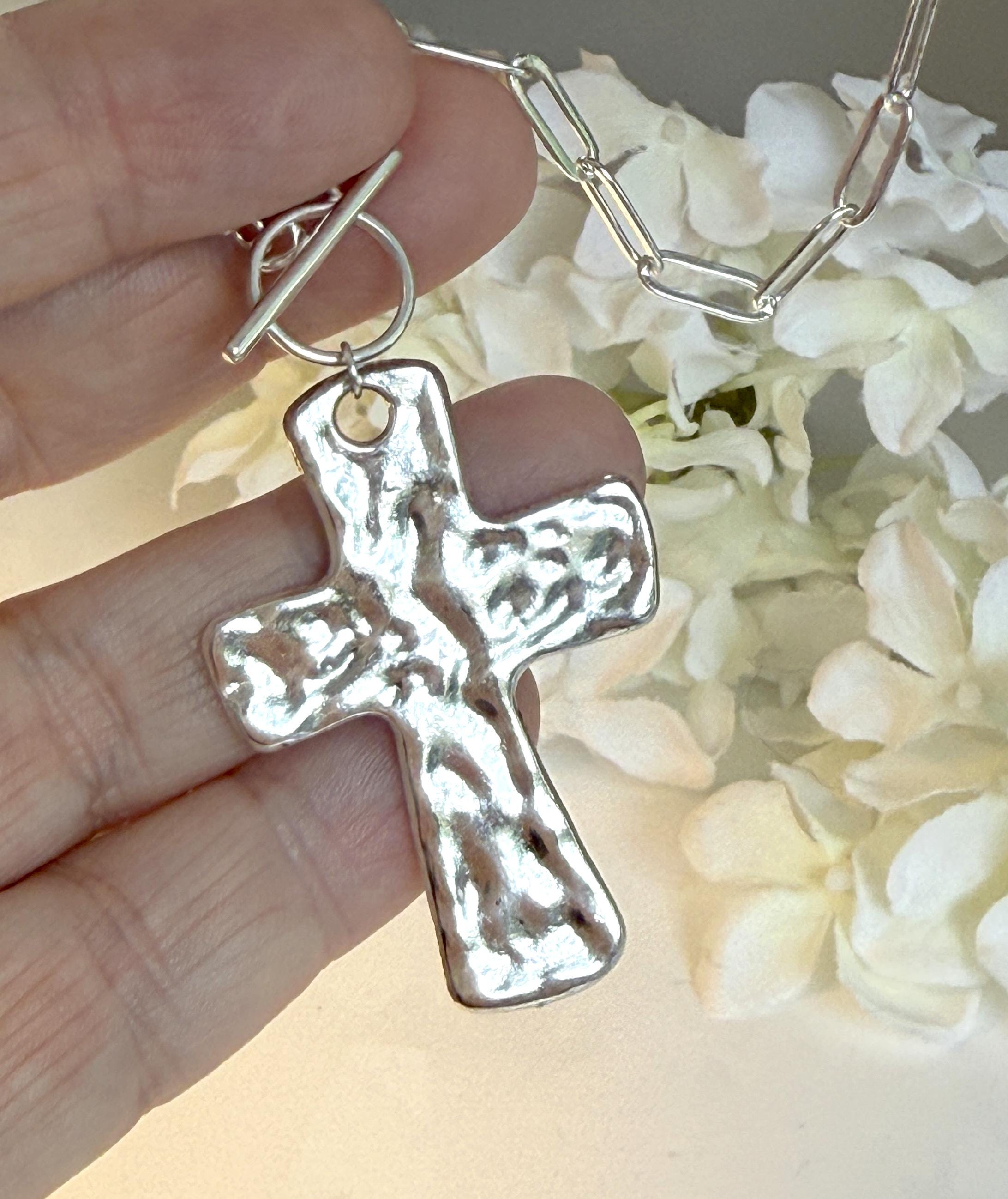 Hammered Cross Necklace Large Silver Pendant Gift for Her Statement Religious Christian Cross Jewelry for Women