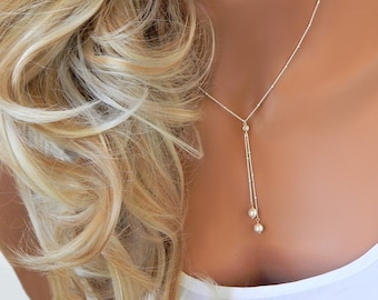 Lariat Pearl Y Necklace Choker • Bridal Jewelry • Wedding Necklace • Bridesmaid Jewelry • Pearl Lariat • Beaded Pearl Y Necklace