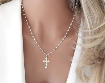 Cross Necklace for Women, Sterling Silver Pearl Rosary Gift for Her, Dainty Religious Christian Necklace,  Gold Jesus Cross, Mom Gift