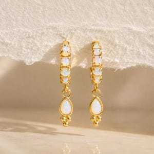 Gold Opal Huggie Earrings, Dainty Dangle Hoops, October Birthstone Jewelry