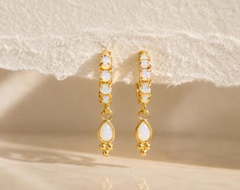 Gold Opal Huggie Earrings, Dainty Dangle Hoops, October Birthstone Jewelry