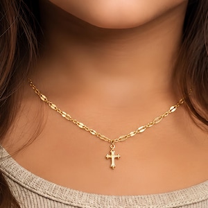 Cross Necklace for Toddlers, Dainty Gold Filled Cross Necklace, Sequin Chain Necklace for Girls, Religious Jewelry Gift for Children