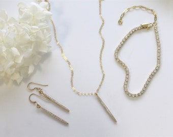 Diamond Wedding Necklace • Dainty Gold Silver Bridal Earrings, Bracelet, Bridesmaid Gift, Girlfriend Gift, Diamond Bar