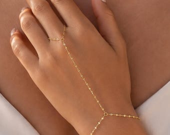 Handarmband aus 14-karätigem Massivgold, zierliches Armband, Goldschmuck für die Hände, Fingerarmband, Ringarmband, Geschenk für Sie