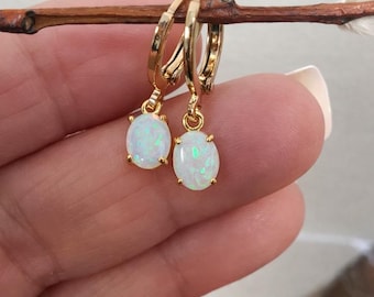 Dainty Gold Filled Opal Earrings: Lever Back Huggie or French Hook
