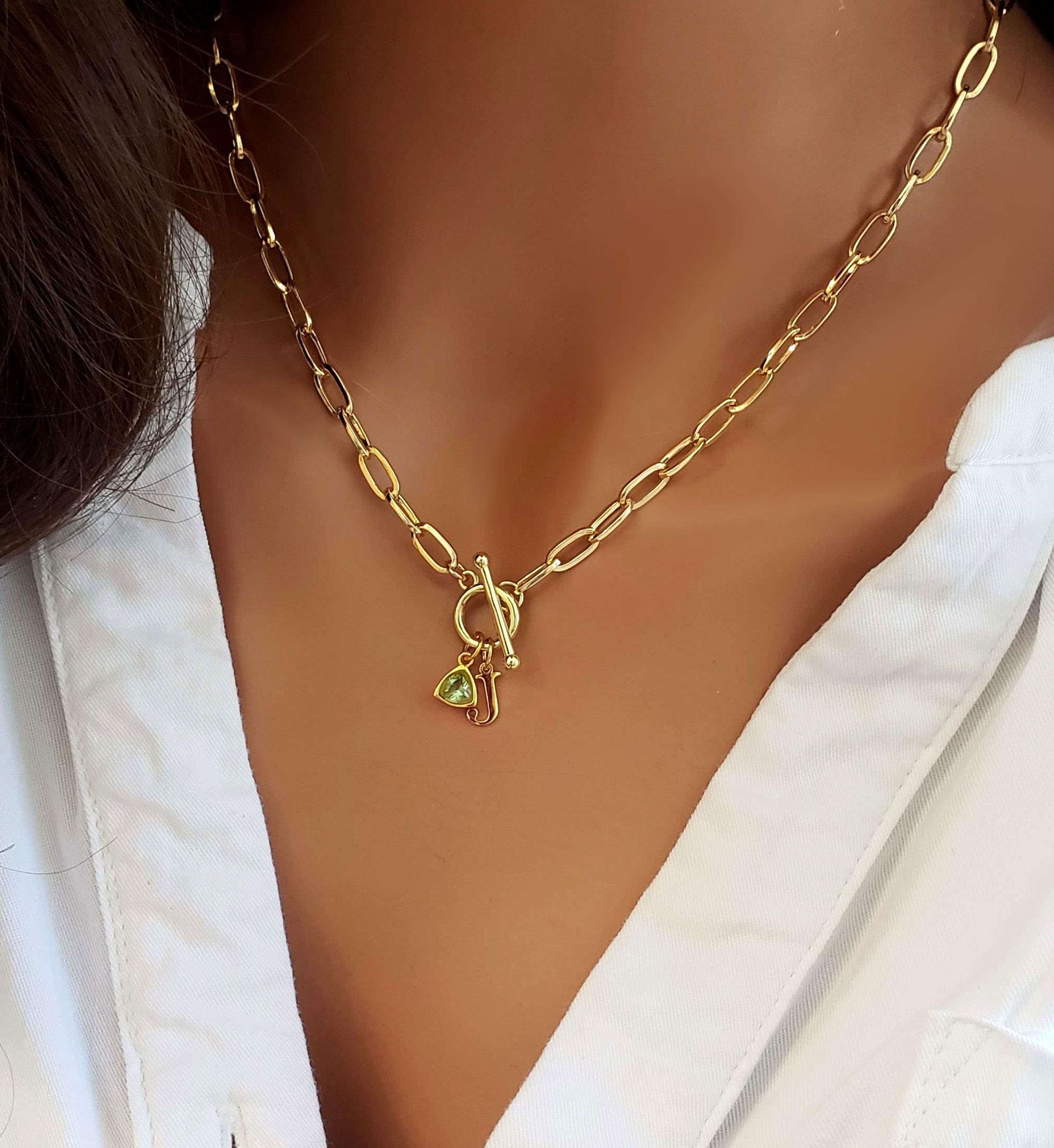 Custom Birthstone Initial Toggle Clasp Necklace for Women, Paperclip Charm Necklace, Personalized Jewelry, Birthday Gift, Gift for Her/Best Friend
