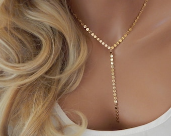 Gold Coin Lariat Necklace, Y Drop Necklace Gold Filled or Sterling Silver, Minimalist Coin Pendant Necklace, Layering Jewelry Gift for Her