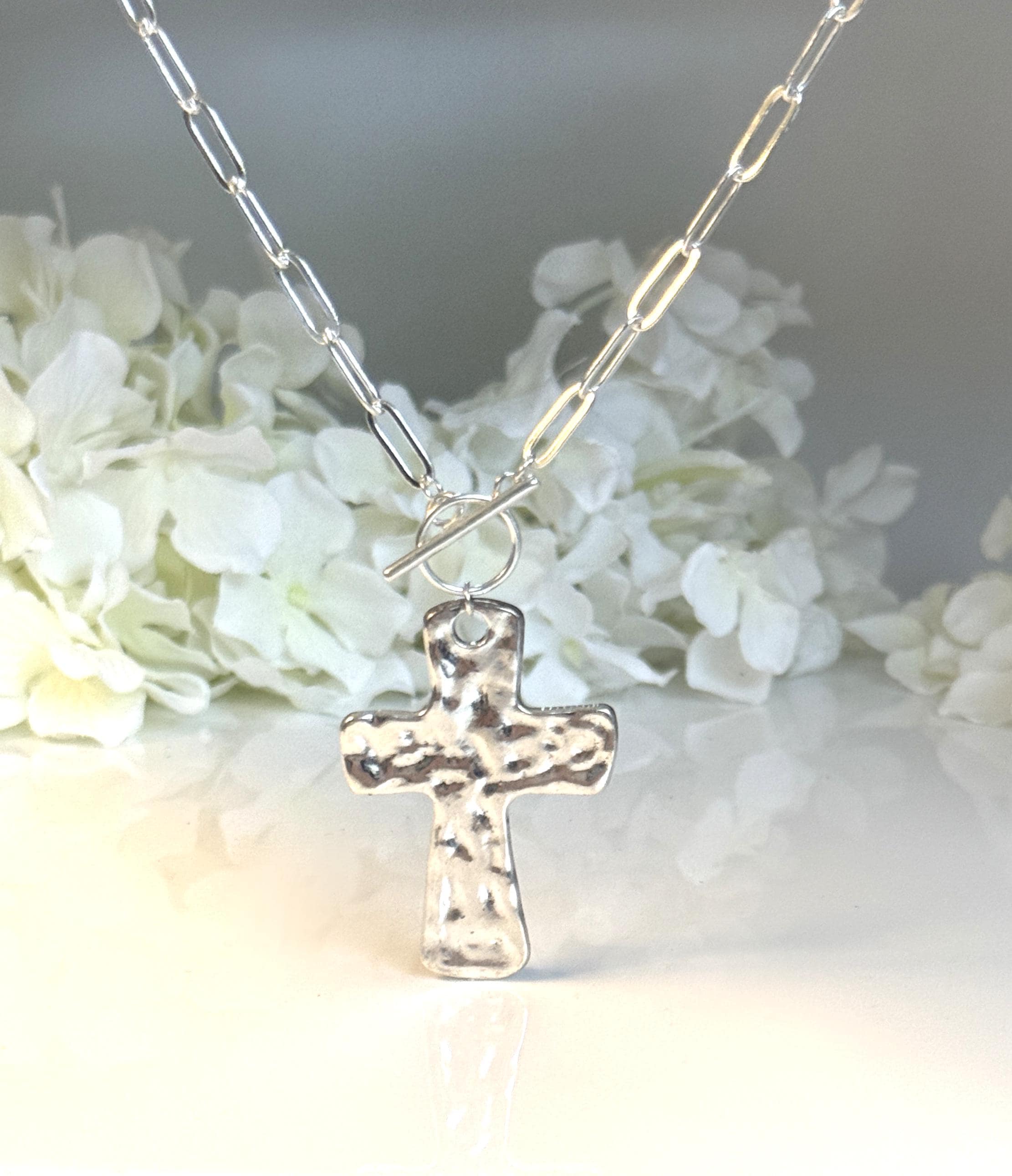 Hammered Cross Necklace Large Silver Pendant Gift for Her Statement Religious Christian Cross Jewelry for Women