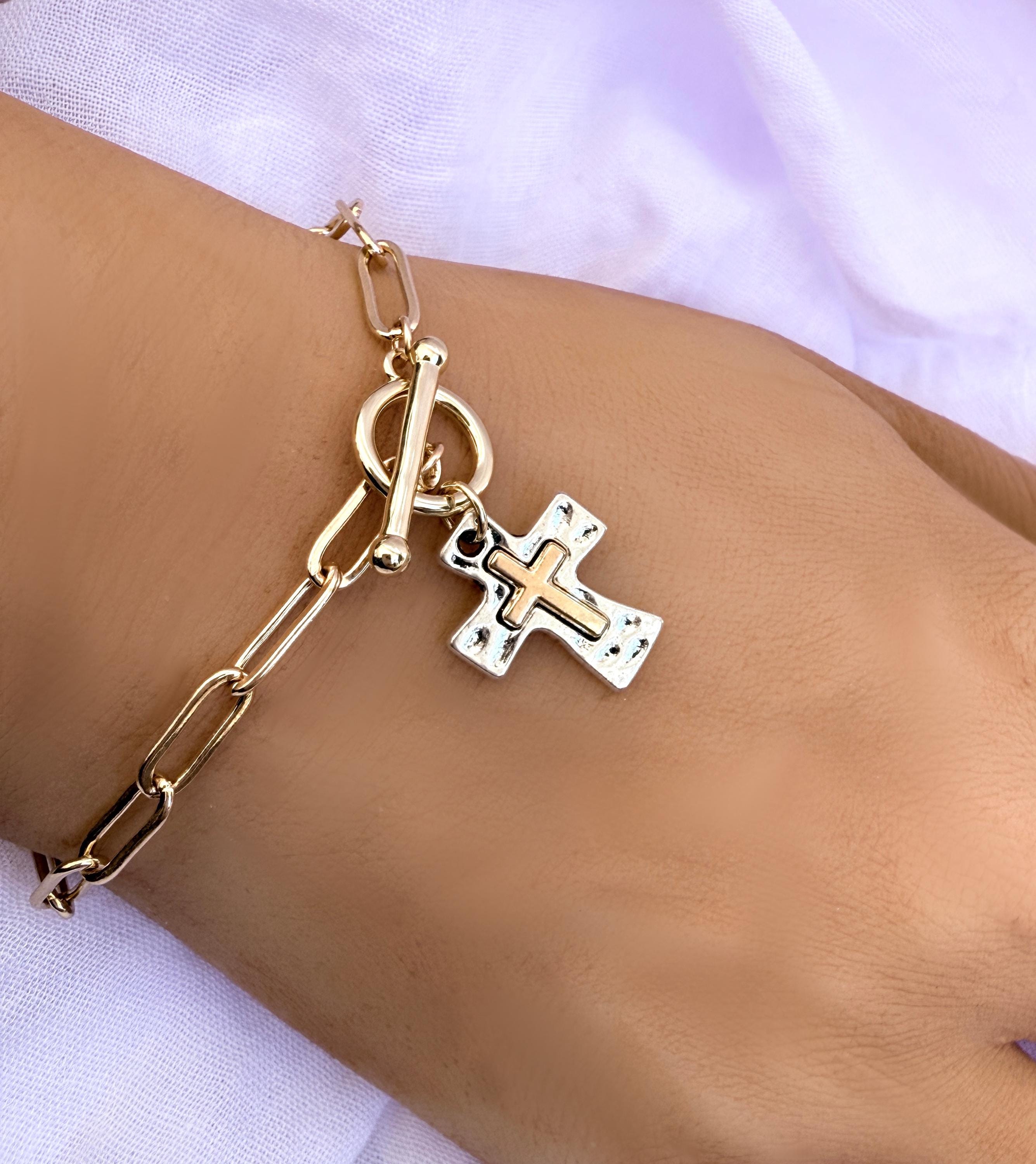 Hammered Cross Charm Bracelet Gift for Her Mixed Metal Religious Christian Cross Jewelry for Women Easter Christmas