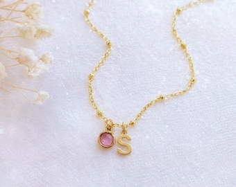Birthstone Initial Necklace for Girls, Personalized Kids Letter Necklace, Dainty Gold Necklace, Little Girl Jewelry Gift