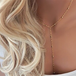 Gold Lariat Necklace Prom Jewelry Sister Gift for Her Y Necklace, Dainty Minimal Silver Beaded Lariat, Girlfriend Gift image 4