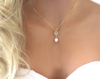 Bridal Pearl Necklace, Wedding Pearl Drop Necklace, Freshwater Pearl Pendant, Dainty Bridal Jewelry, Bridesmaid Necklace