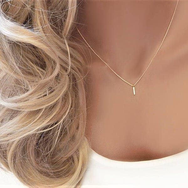 Dainty Necklace for Women Gold Diamond Cz Bar Charm Gift Idea for Her Sparkly Zircon Jewelry for Weddings or Bridesmaid Gifts