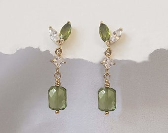 Crystal Bridal Earrings for Brides, Green Peridot Bridesmaid Gift Prom Dangle Simple Boho Mother of Bride Cz