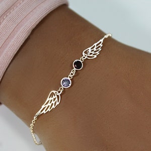 Silver Angel Wing Bracelet Custom Memorial Jewelry Angel Wing Birthstone Gift for Her Guardian Angel Dainty Loss of Loved One