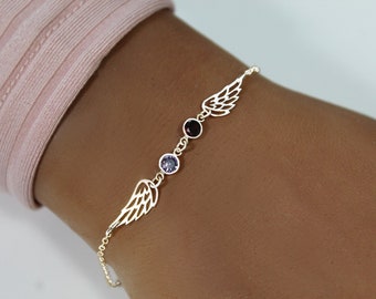 Pulsera de alas de ángel de plata de ley: joyería conmemorativa con piedra de nacimiento