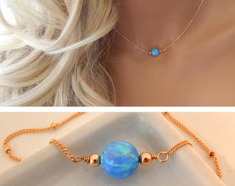 Opal Necklace for Woman, Mothers Day Gift, Dainty Gold Necklace Blue or White Opal Choker • Minimal • Gift for Her