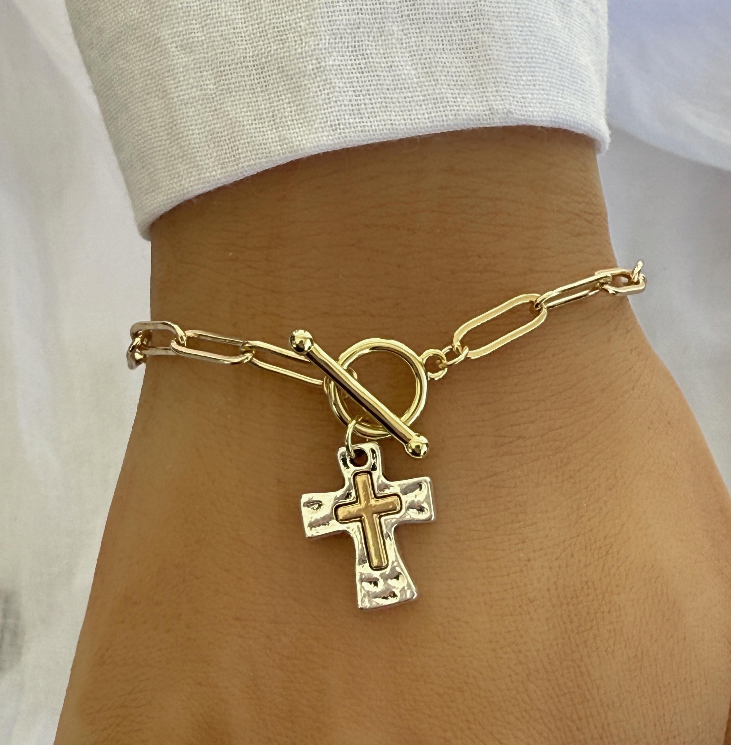 Hammered Cross Charm Bracelet Gift for Her Mixed Metal Religious Christian Cross Jewelry for Women Easter Christmas
