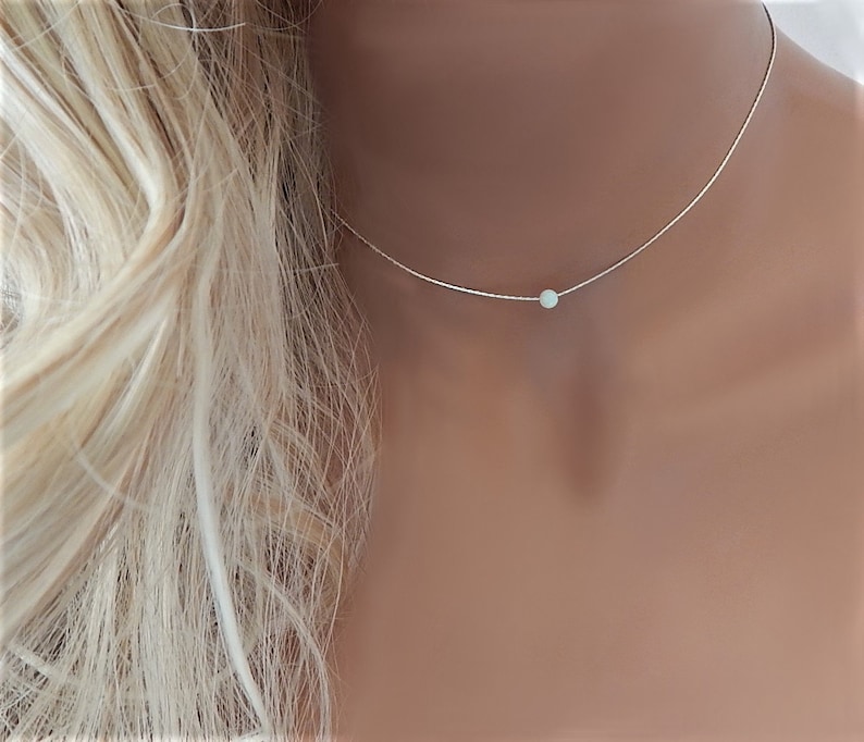 Opal Choker Necklace for Women, Dainty Bridesmaid Gift for Her, Boho Blue Opal Bead, Minimalist Layering Rose Gold SilverJewelry image 3