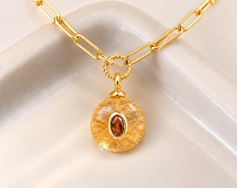 Halskette mit Steinanhänger, goldener Rutilquarz, goldene Büroklammerkette, zarter Edelsteinschmuck, Geschenk für Sie