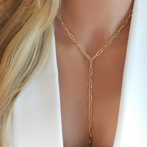 Large Chain Necklace, Paperclip Lariat Necklace, Chunky Rectangle Link, All 14K Gold Filled Y Necklace