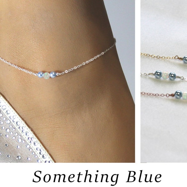 Something Blue Bridal Anklet, Dainty Wedding Ankle Bracelet, Shower Gift, Simple Classic Blue Gemstone Anklet for Women, Opal Anklet