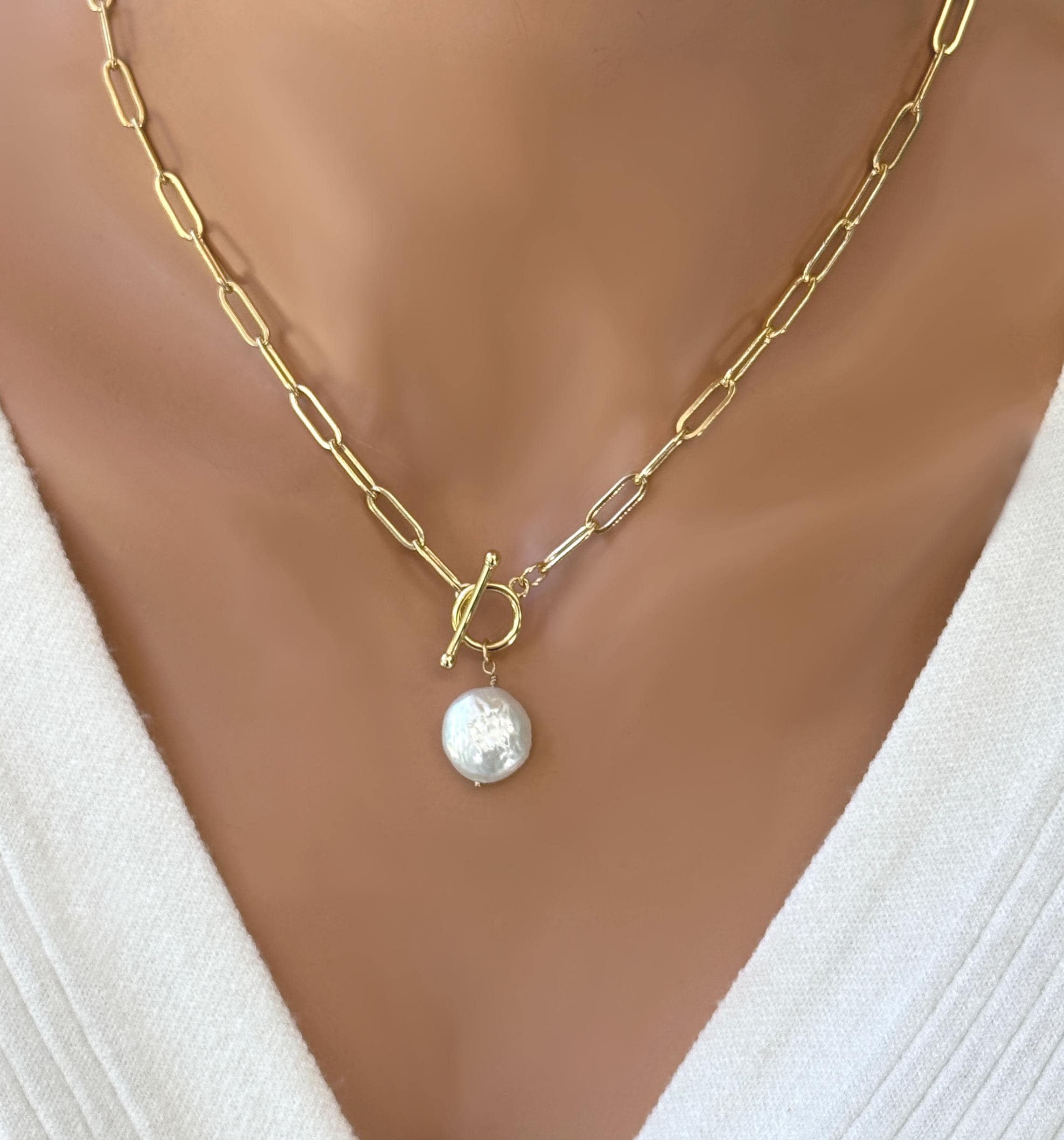 Coin Pearl Necklace: Gold Paperclip Chain, Boho Toggle Clasp