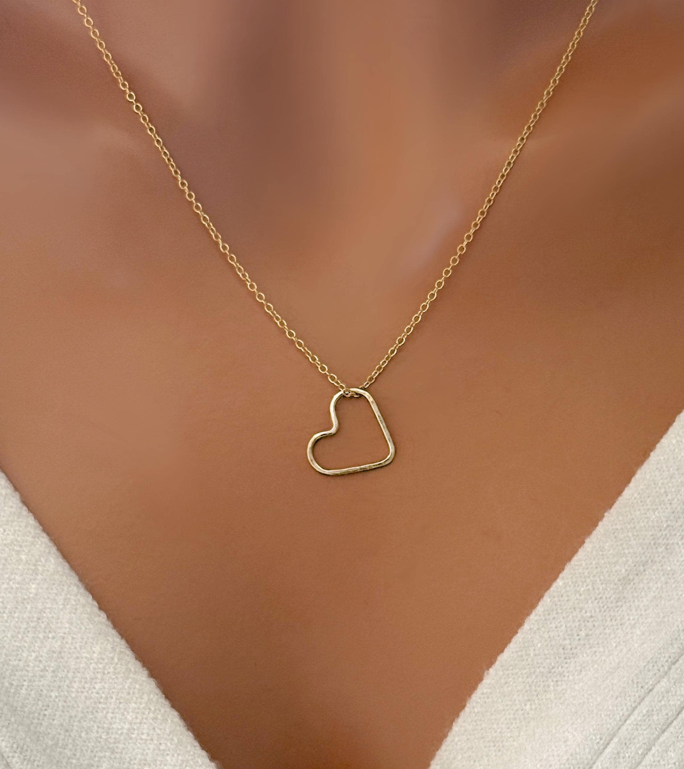 Wonlte Dainty Heart Necklace - 14k Gold Plated, Adjustable 15.3-17.5 Inch, Tiny Open Heart Pendant