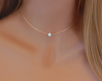 Opal Choker Gift for Her October Birthstone, Dainty Gold Opal Necklace for Woman, Opal Gemstone Jewelry