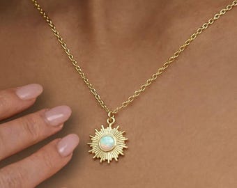 Gold Opal Sunburst Necklace 14K Gold Filled - Celestial Pendant October Birthstone Jewelry Gift for Her
