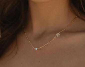 Collar con colgante de ala de ángel y piedra natal: Joyería de guardián bañada en oro de 14 quilates