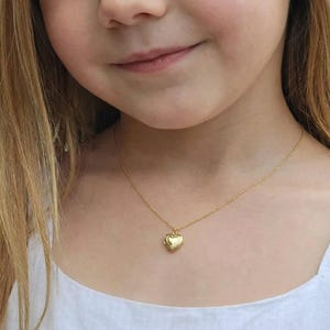 May include: A gold-colored necklace with a heart-shaped pendant. The pendant has a textured surface and is suspended from a delicate chain. The necklace is worn against a white top.