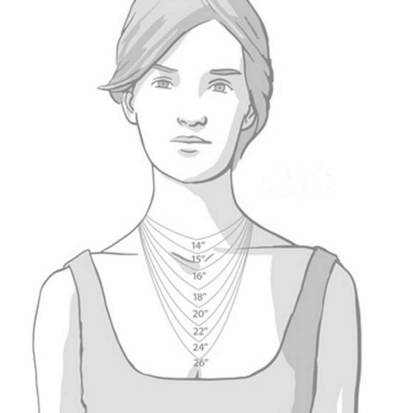 Puede incluir: Un dibujo de l&iacute;nea de una persona que lleva varios collares, mostrando diferentes longitudes de 14 a 26 pulgadas.