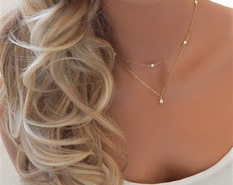 Bridal Jewelry, Wedding Necklace for Brides, Layered Diamond Necklace, Dainty Silver Rose Gold Wedding Diamond Bridesmaid Homecoming Prom