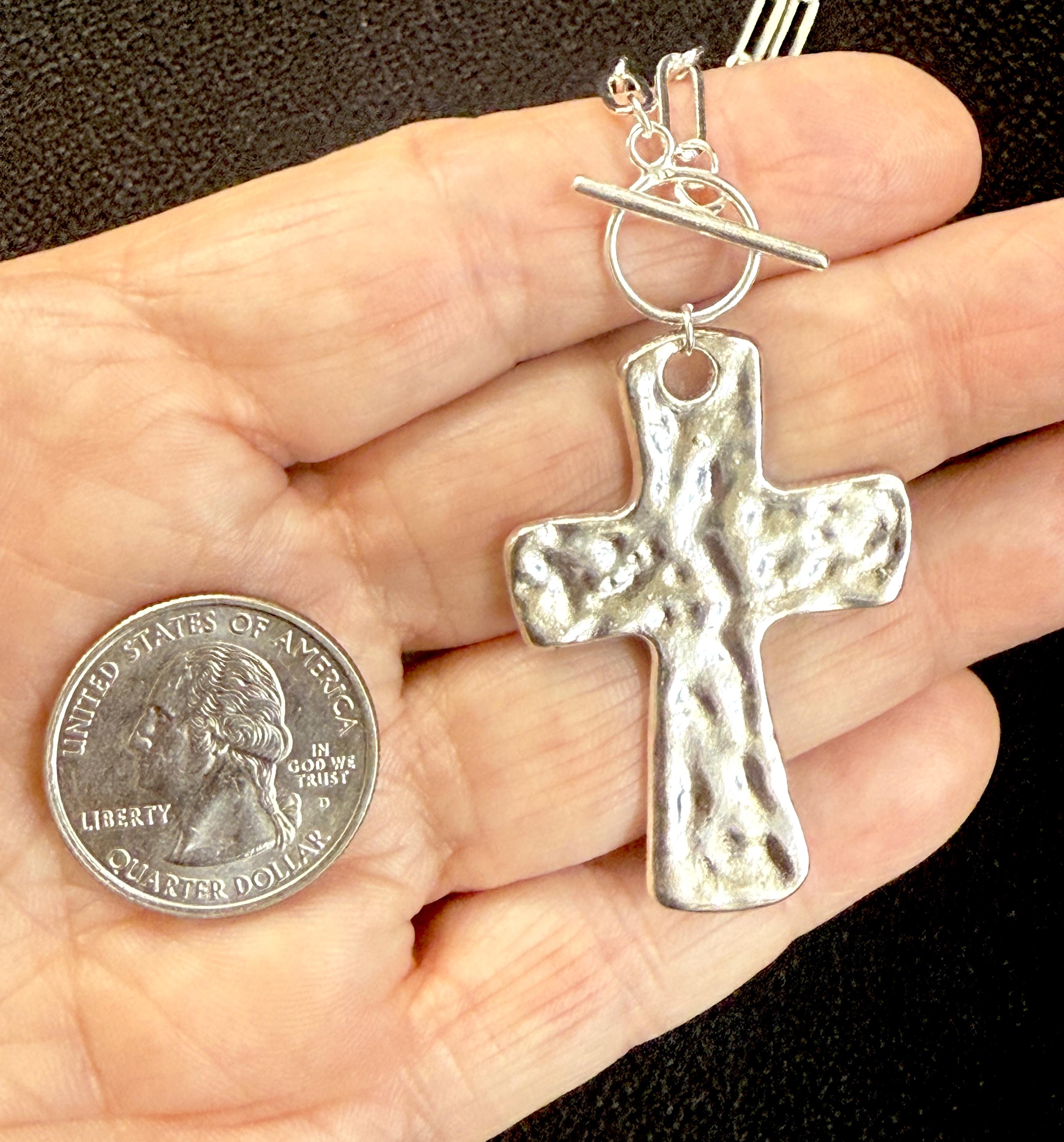 Hammered Cross Necklace Large Silver Pendant Gift for Her Statement Religious Christian Cross Jewelry for Women