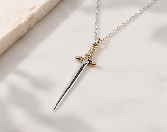 Sword Charm Necklace, Sterling Silver Sword Necklace, Mixed Metal Sword Pendant Necklace, Dainty Medieval Inspired Gift for Her