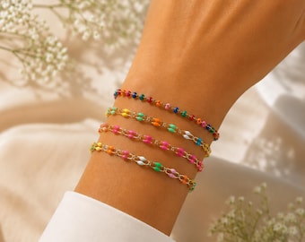 Buntes Kettenarmband, mehrfarbiges Emaille Armband, Stapelarmband für Frauen, Regenbogen Gliederarmband, trendiges Schichtgeschenk für sie