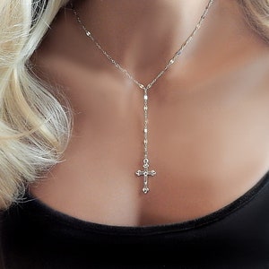 Cross Necklace, Gold Lariat Gift for Her, Gold Filled, Sterling Silver Lariat, Best Friend Gift, Religious Christian Necklace for Woman