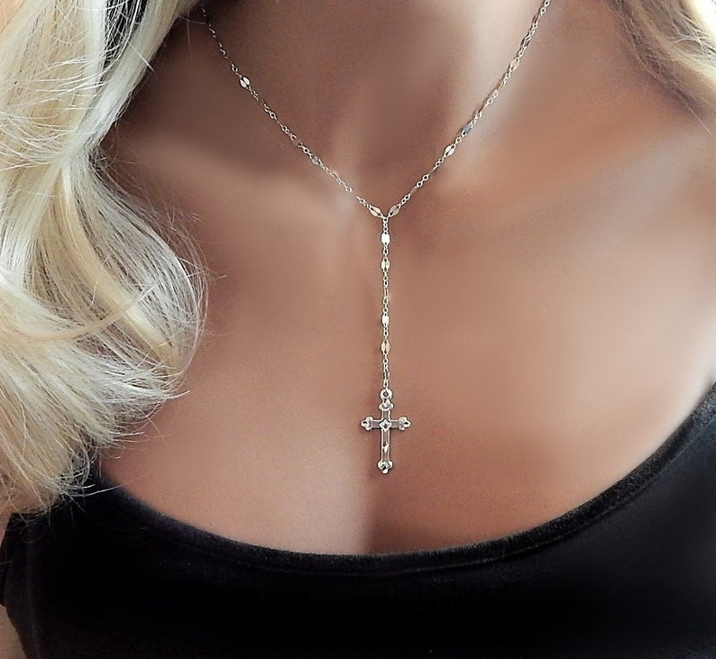Cross Necklace, Gold Lariat Gift for Her, Gold Filled, Sterling Silver Lariat, Best Friend Gift, Religious Christian Necklace for Woman 