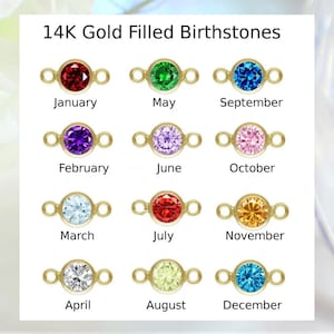 Gold filled birthstone charm options and their corresponding months that are available for Gilded Sapphire's custom jewelry are displayed against a plain white background with a decorative border.