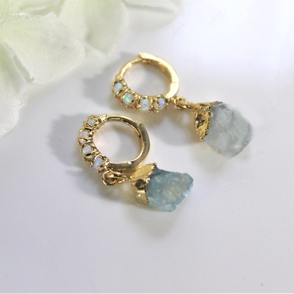 Something Blue Earrings, Raw Crystal Hoops, Opal Huggies, Gold Gemstone, Minimalist Wedding Bridal Dangle Boho Jewelry for Women