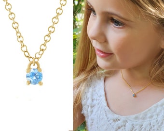 Childs Birthstone Necklace, Personalized Gift for Little Girls, Dainty Birthday Gift, Colorful Crystal Gemstone Charm Necklace for Tween