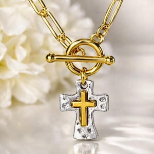 Hammered Cross Necklace: Mixed Metal, 14k Gold Filled Chain