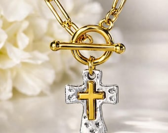 Hammered Cross Necklace: Mixed Metal, 14k Gold Filled Chain