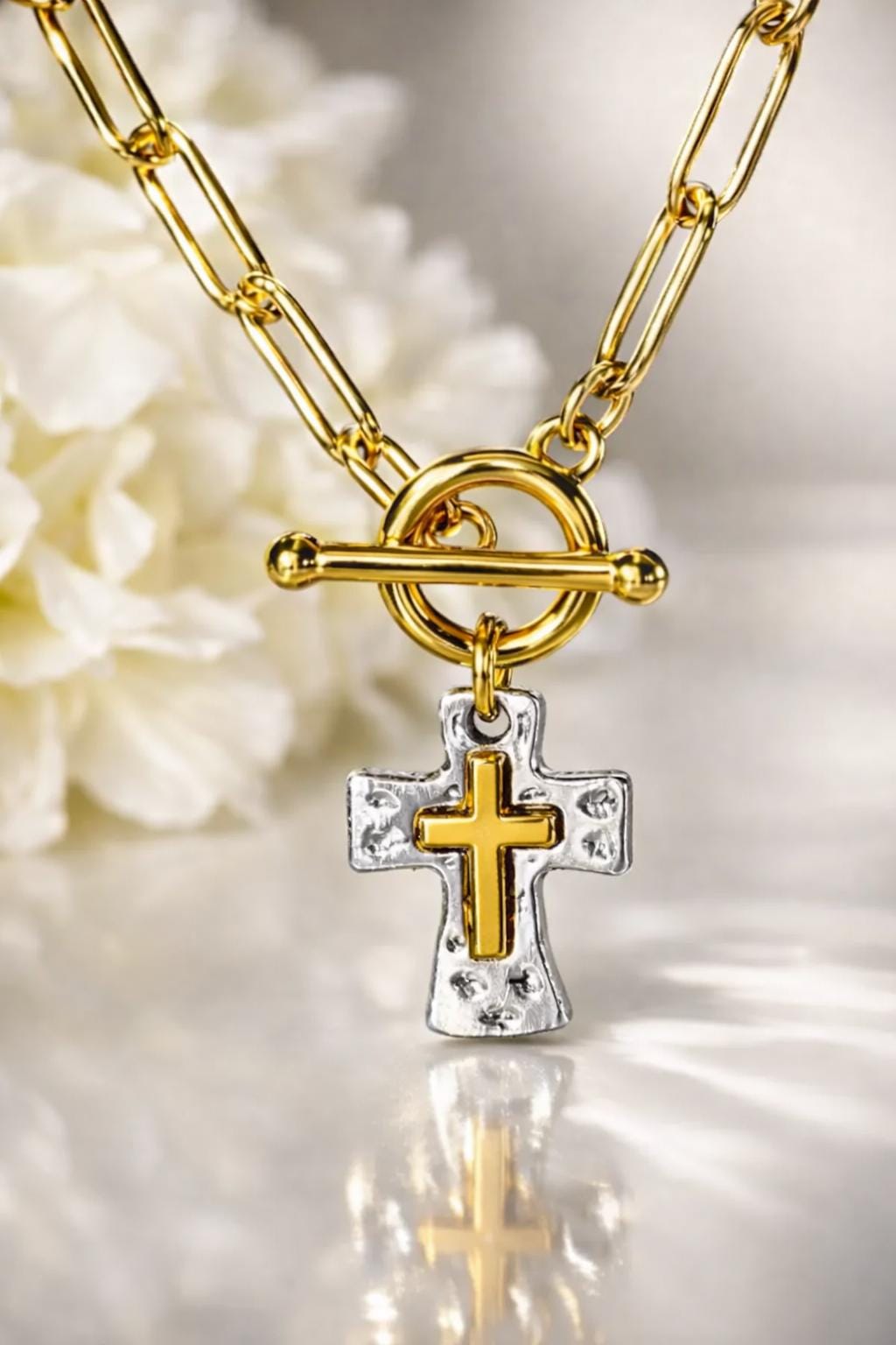Hammered Cross Necklace: Mixed Metal, 14k Gold Filled Chain - Etsy