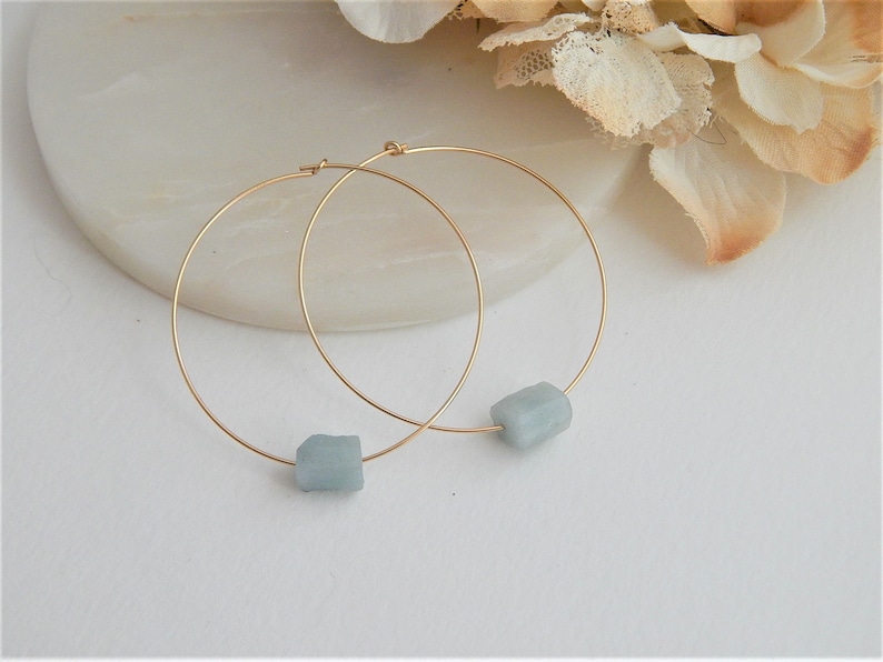 Raw Gemstone Hoop Earrings, Dainty Birthstone Nugget Hoops, Gold or Silver Minimalist Earrings, Handmade Crystal Jewelry Gift for Her image 5
