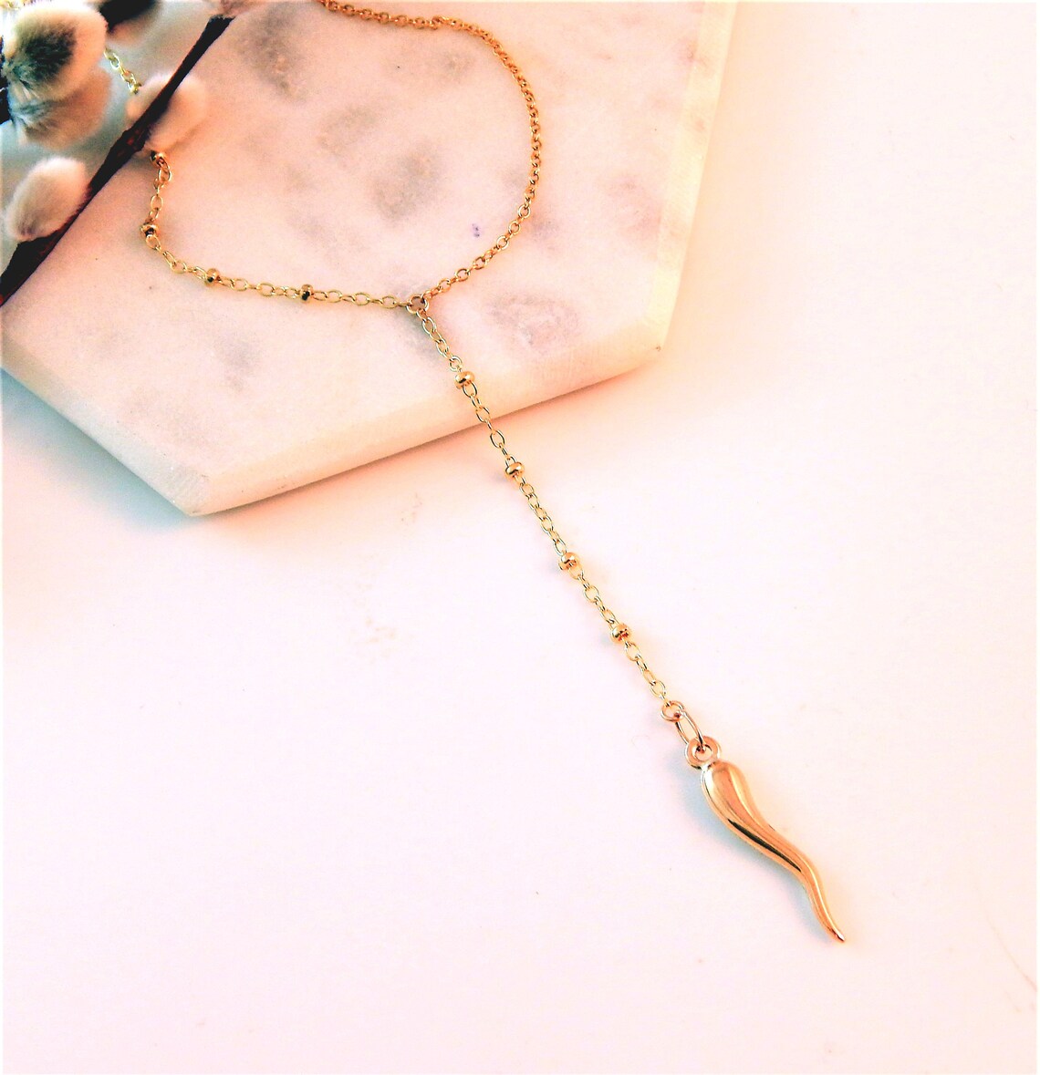 Gold Lariat Necklace Italian Horn Necklace for Women Dainty Etsy